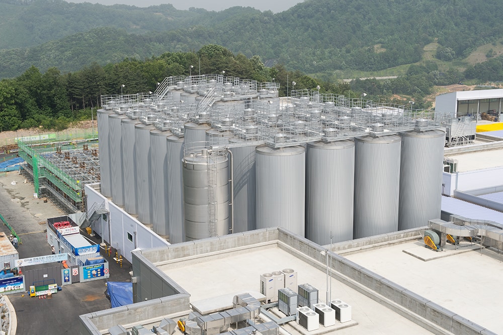 The tank farm comprises a total of 38 cylindro-conical tanks, for which a fermentation time of 12~15 days and a storage time of 7~10 days is planned.