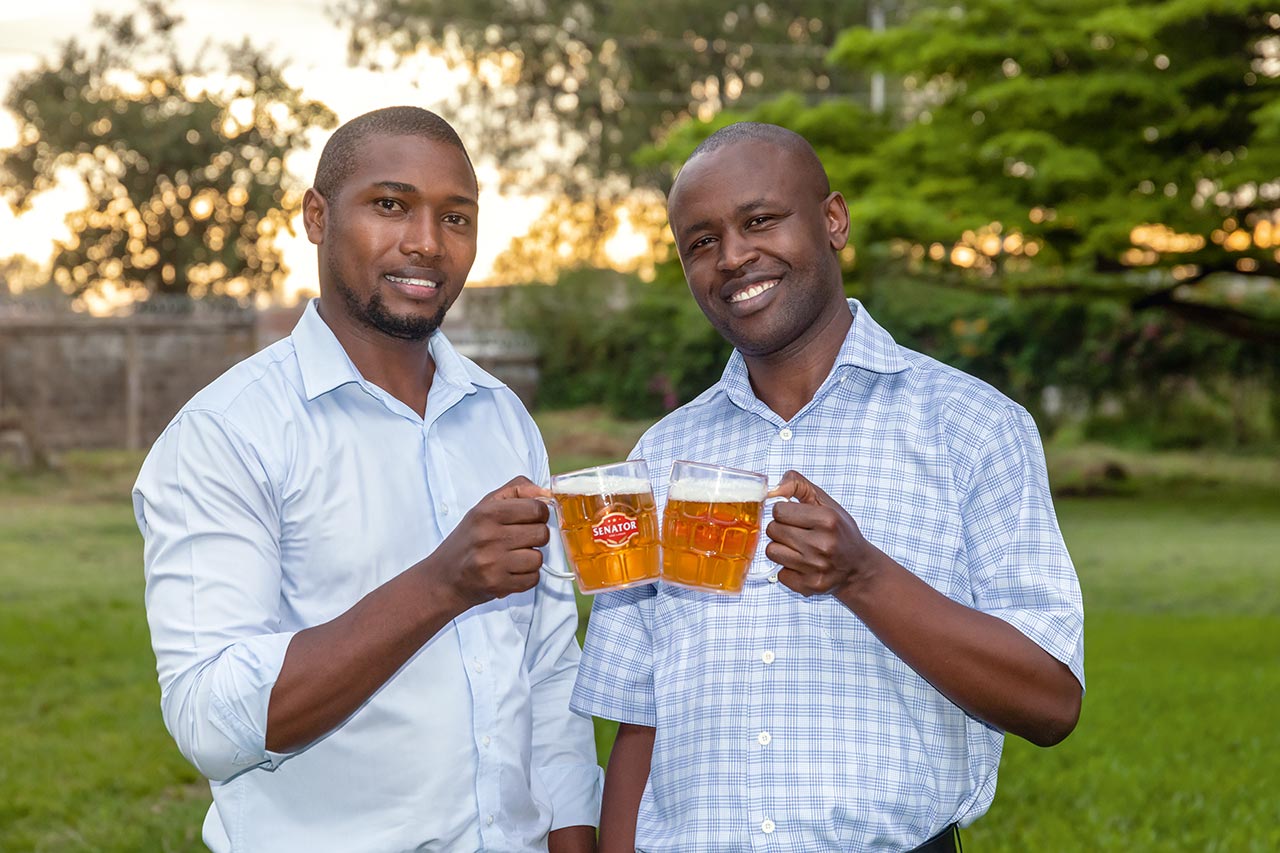 From left: Naftaly Ndungu, the responsible brewmaster and quality officer, and Jacob Bett, responsible for engineering and filling operations